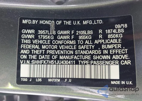 2018 Honda Civic Ex из США, поврежденный, VIN SHHFK7H51JU430411